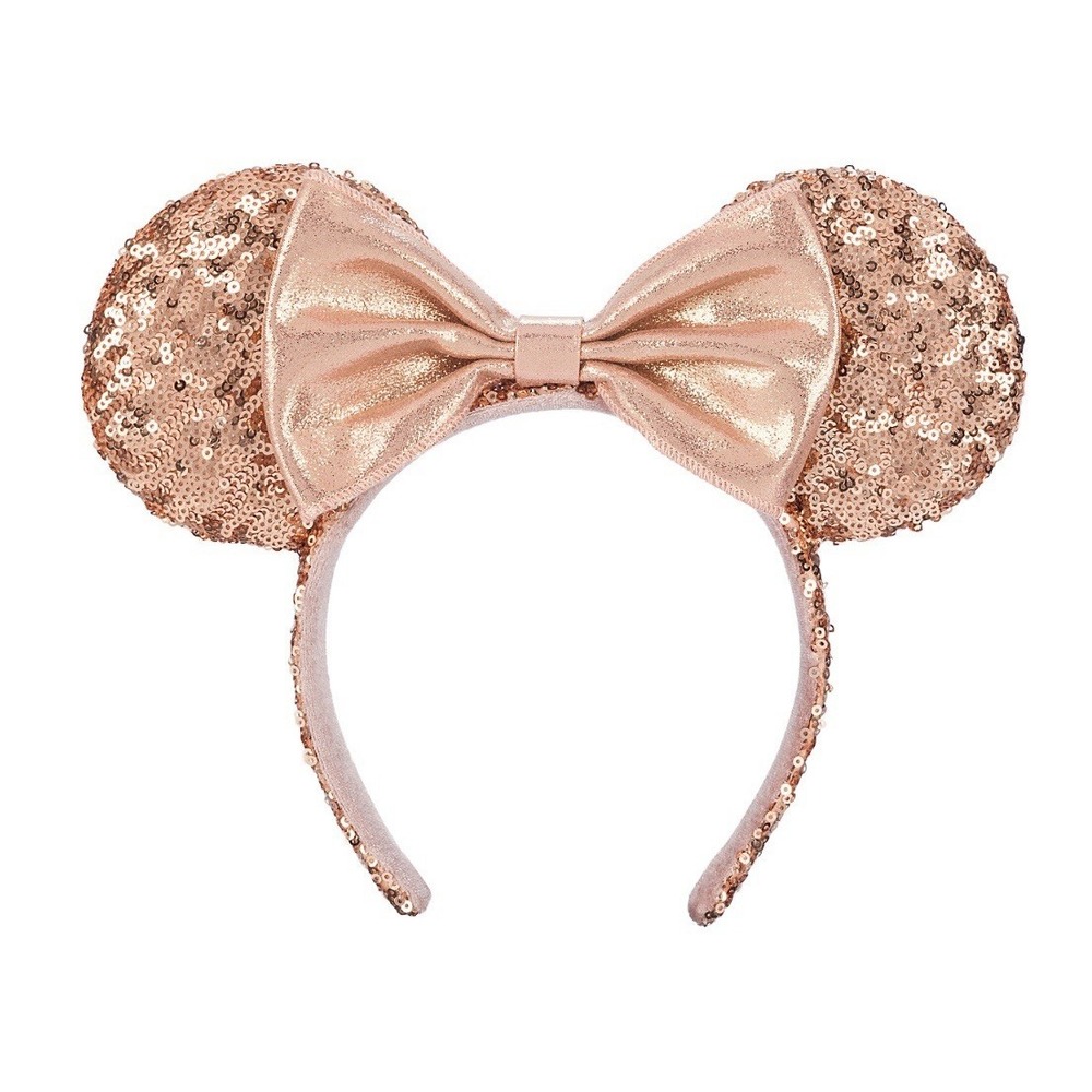 Disney Parks Minnie Mouse Rose Gold Sequin Ear Headband Satin Lamé Bow NEW